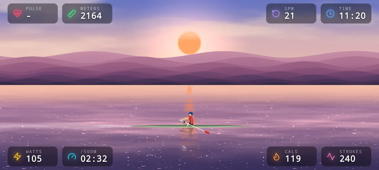 Procedural WebGL water and sunset with the rower and live workout metrics
