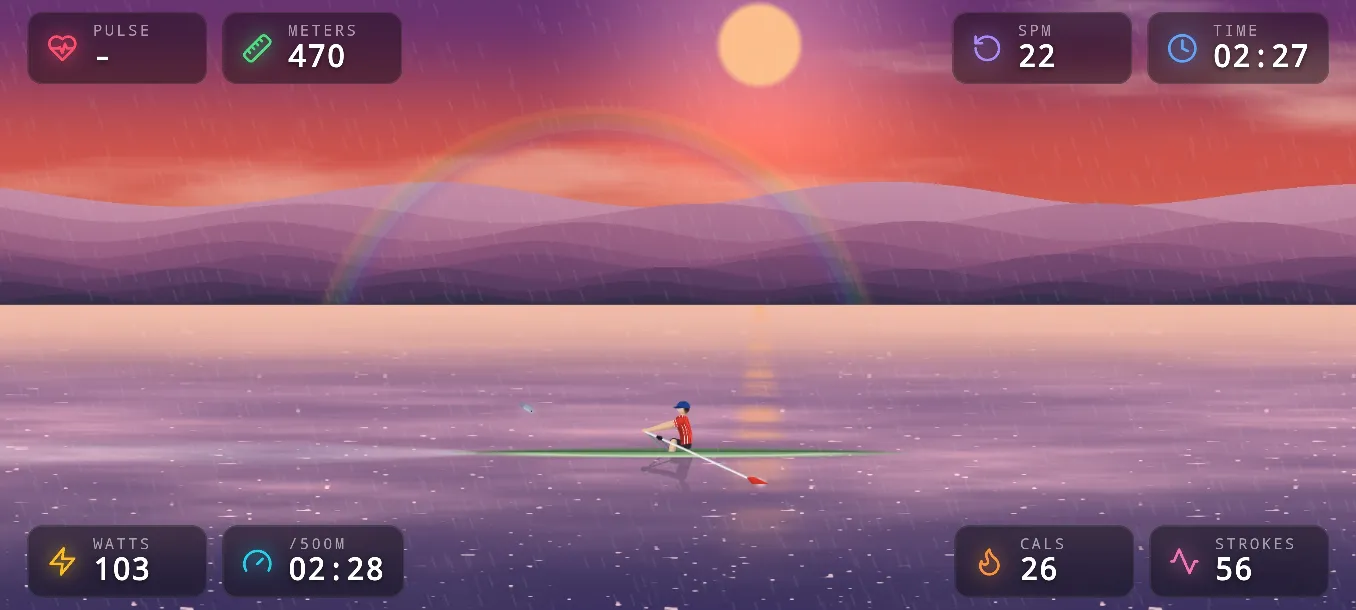 Live rowing screen showing power, pace, stroke rate and an animated rower on the water