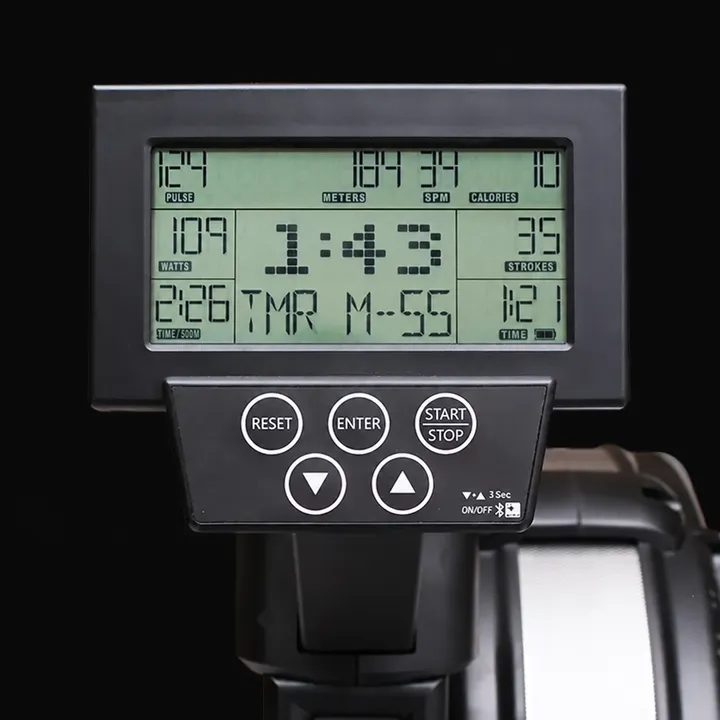 Xebex console with an LCD rowing display and Reset, Enter, Start/Stop and arrow buttons